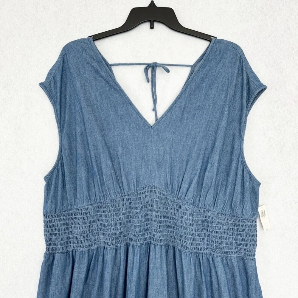Old Navy Womens Dress Size 3X Blue Chambray Denim Midi Smocked Waist Cottagecore - Picture 4 of 16